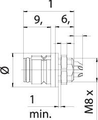 Technical drawing of a component with dimensions in millimetres. Main part has a length of 9.6 mm and a thread size of M8.