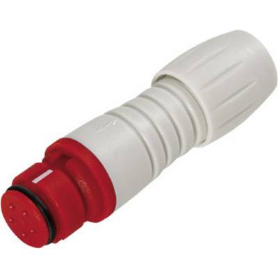 A white and red electrical round plug with a ridged grip and multiple connection pins.
