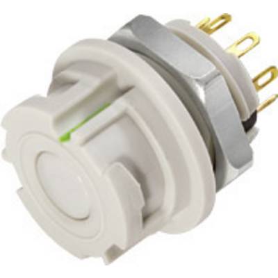 A round, white button with multiple gold-coloured pins and a silver-coloured element, suitable for electronic devices.