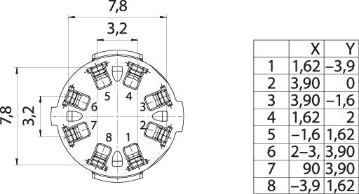 Technical drawing of a cylindrical component with dimensions. Table shows X and Y values for eight positions around the circle.