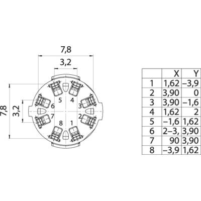 Technical drawing of a cylindrical component with dimensions. Table shows X and Y values for eight positions around the circle.
