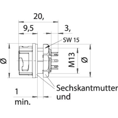 Technical Drawing of an Electrical Switch with Dimensions, including Diameter, Width and Hexagonal Nut Details