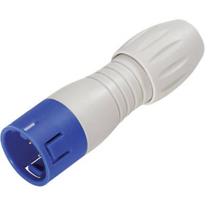 A white and blue cable plug with a ribbed grip and three pins, commonly used for audio devices.