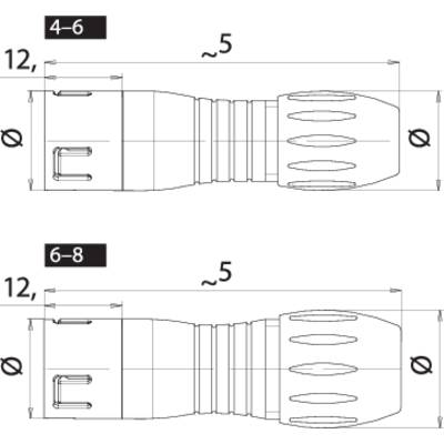 Technical drawing of two electrical connectors. Details show dimensions of 4-6 mm and 6-8 mm with sketched components and length specifications.