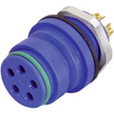 Blue cylindrical electronic plug with multiple holes and gold-coloured contact pins, used for electrical connections.