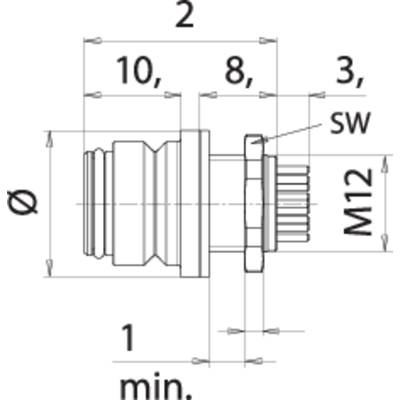 Technical drawing of a connector with dimensional specifications in millimetres, showing markings of M12 and 8 as distinctive measurements, depicts a side view.