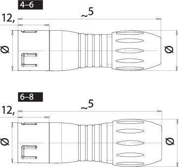 Two technical drawings of a cylindrical part with variable length specifications. Top '4-6', bottom '6-8'. Dimensions in millimetres.