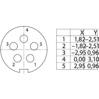 'Technical drawing of a circular connection with five numbered positions and a table of X/Y coordinates for each point.'