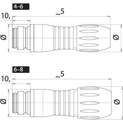 Technical drawing of two nozzles with different dimensions, upper section labelled as '4–6', lower section as '6–8', showing measurements and shapes.