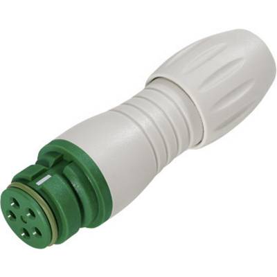 A green and white electrical plug with five metal pins for cable connections.