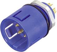 Blue electrical connector with gold pins and silver ring. Used for electrical connections in devices.