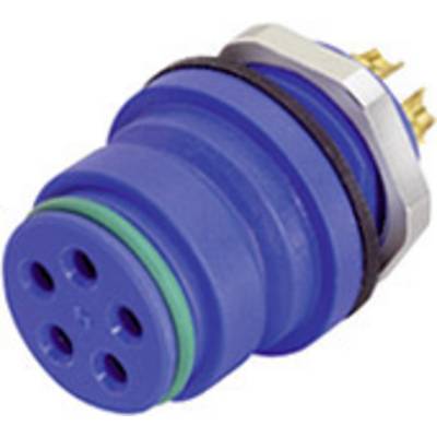 Blue electrical connector with multiple round connection points, surrounded by a green ring. Suitable for industrial applications.