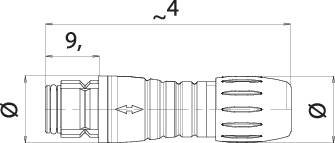 'Drawing of a technical plug with dimensions. Length 9 and width 4 are specified. The plug has grooves and connections.'