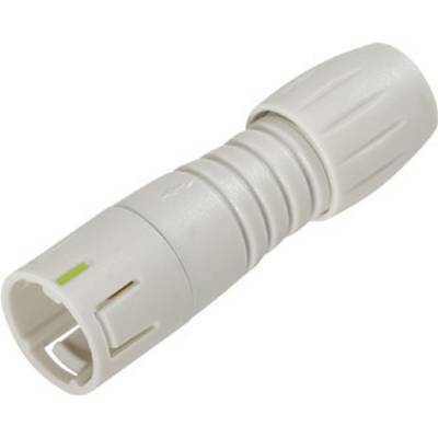 A grey, ribbed plug with a plastic casing and small colour markings on the side.