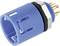 A blue electrical connector with multiple gold-coloured pins and a black rubber ring for insulation.
