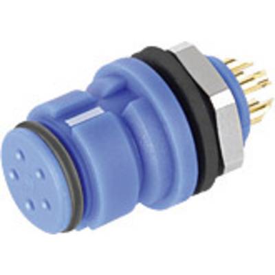 Blue, cylindrical connector with multiple golden pins, plastic housing, black seals, used for electrical connections.