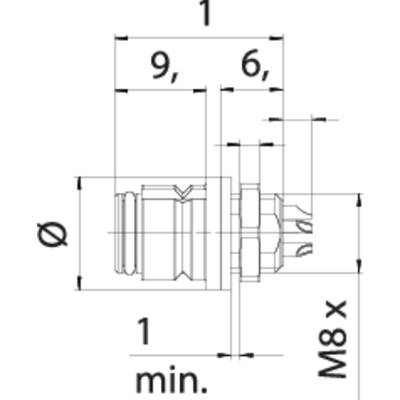 Technical drawing of a connector with dimensional specifications. Connections and threads are detailed and marked. Dimensions in millimetres.