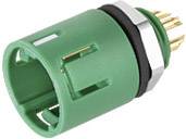 Green electrical connector with multiple golden pins, suitable for technical and electronic applications.