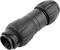 A black, cylindrical cable connector with a ribbed surface. Suitable for connecting electrical cables.