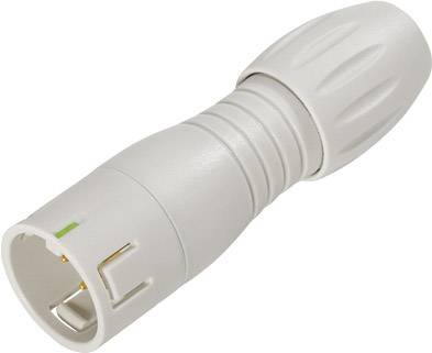 A grey electrical connector with a ribbed surface and metallic contacts for industrial applications.