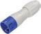 A blue and white plug used for audio or lighting cables.