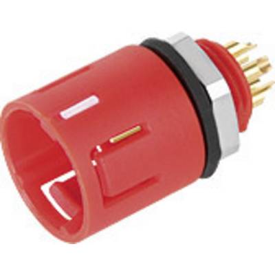 Red electrical connector with multiple gold-coloured pins and a silver thread.