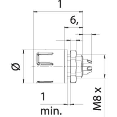 Technical drawing of a component with multiple dimensions in millimetres, showing the side and rear view of a connector with assembly instructions.