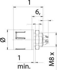 Technical drawing of a metal pin in side view. Dimensions and minimal insertion are marked.