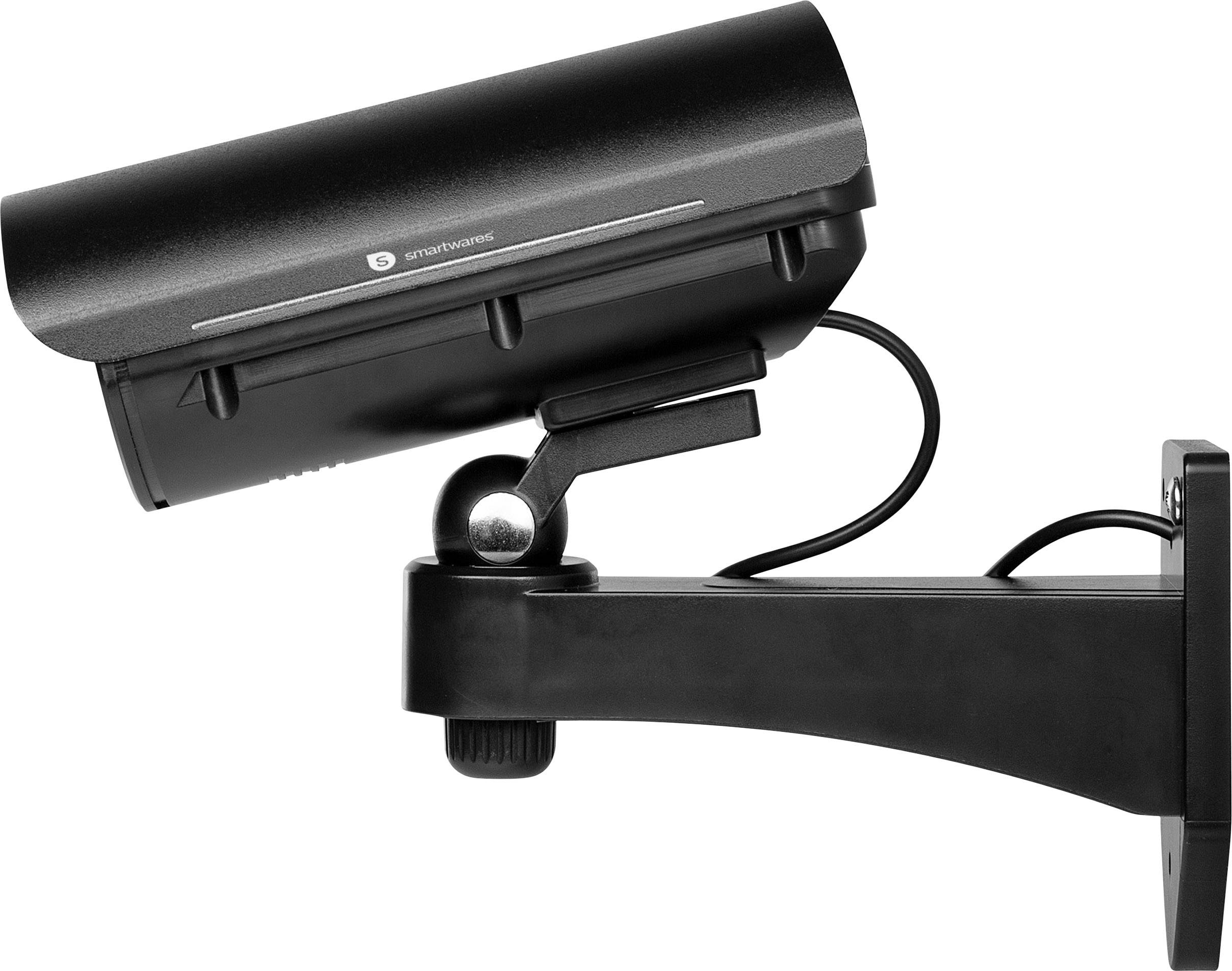 Black security camera mounted on a wall bracket, positioned sideways.