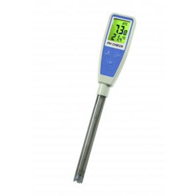 A digital thermometer with a display showing a temperature of 21.4 °C. The device has a blue and white casing and a long probe.