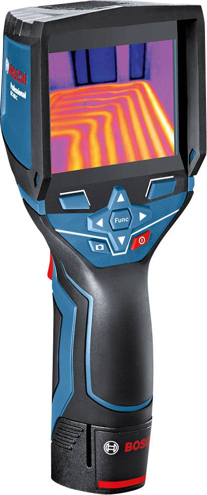Portable thermal imaging camera by Bosch with a display showing heat distribution on the screen, user-friendly controls visible.