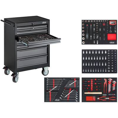 A black tool trolley on wheels with four drawers. Two drawers are open, displaying various tools and accessories.