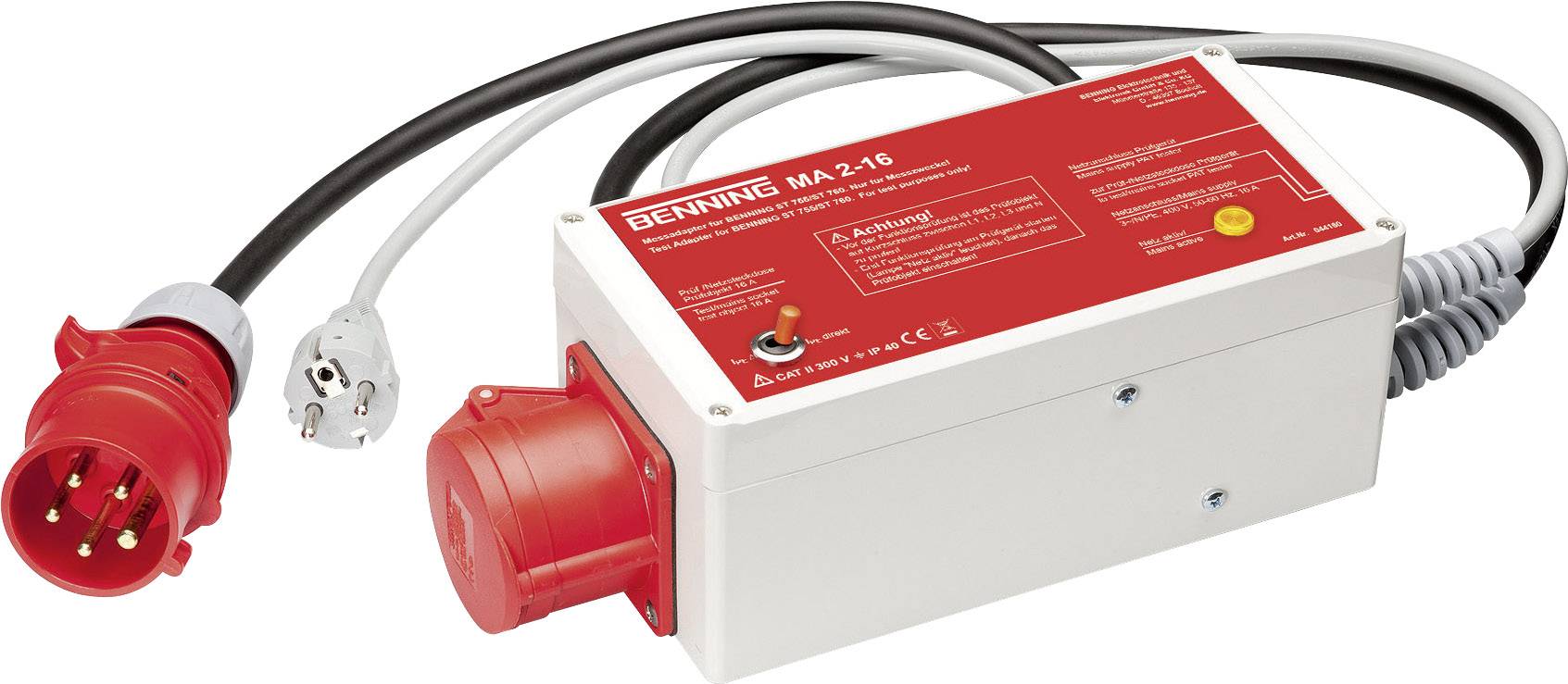 Red and white electrical device 'Behnking MA-216' with cables and plugs, for machine control with safety information on the label.