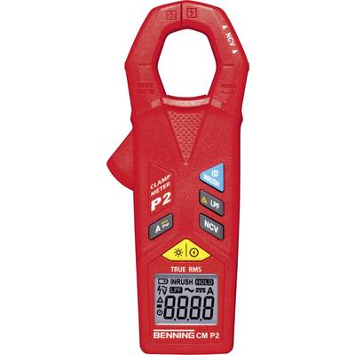 A red clamp meter with a digital display shows '0.0'. It has buttons for various measurement functions such as LPF and NCV.