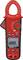 Red digital clamp meter shows 0 amperes on the screen. Used for measuring electric current and voltage.