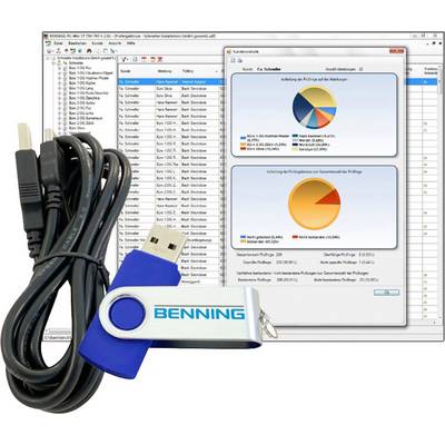 USB drive with 'BENNING' logo, next to a cable. In the background, a computer screen displaying data analysis software with two pie charts shown.