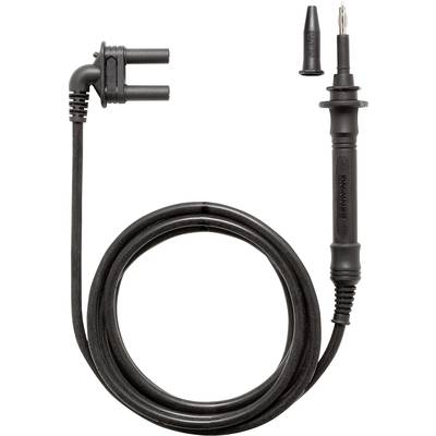 Black test lead with test probe, suitable for multimeters. Includes a removable insulation cap and angled connection plug.