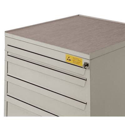 Metal drawer cabinet with five drawers and warning sticker in the top right corner. Ideal for tool storage.