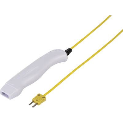 A white handle with a yellow cable and a yellow connector at the end, presumably a temperature sensor.