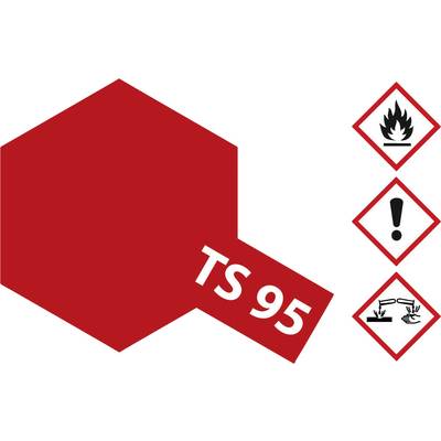 Red hazard symbol with the inscription 'TS 95'. Pictograms to the right: Flame, Exclamation mark, Chemicals. Indications of hazardous substances.