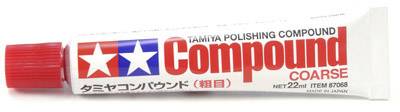 A tube of 'Tamiya Polishing Compound Coarse', 22 ml, with a red cap, used for polishing model surfaces.