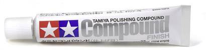 Tamiya Polishing Compound: White tube with red and blue stars. Text: 'Tamiya Polishing Compound Finish'.