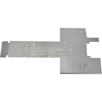 Metal plate with cut-out rectangular and oval shapes, holes distributed across the surface, in an industrial setting.