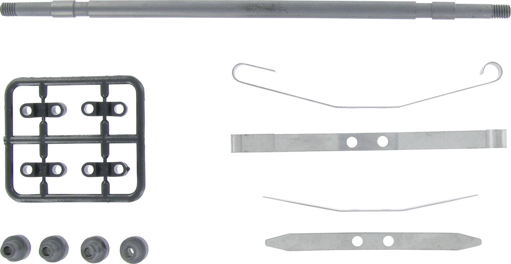 A set of car tools, including a long metal rod, hooks, flat bars, and black plastic caps, on a white background.