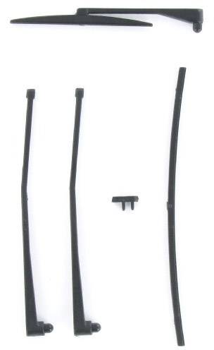 Windscreen wiper blades and arms in black plastic, in various sizes, aligned against a white background.