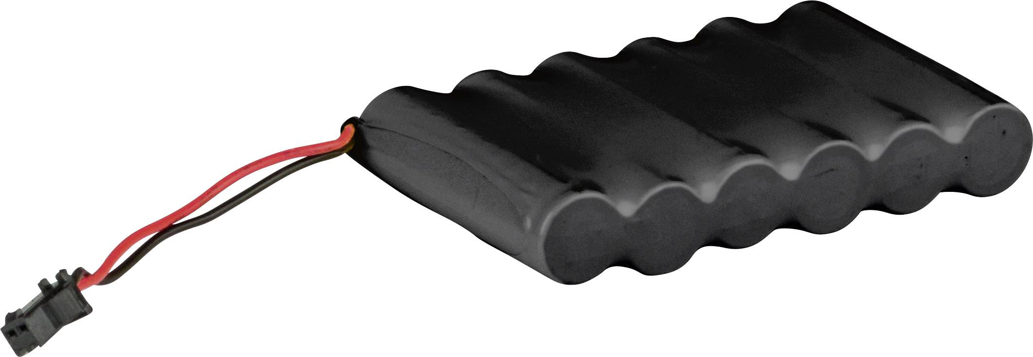 A black, wavy battery with red and black wires ending in a small plug.