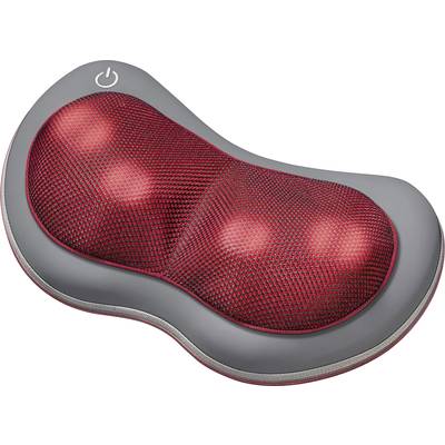 Electric massage cushion with a red mesh cover and grey border, identifiable by LED lighting points beneath the fabric.