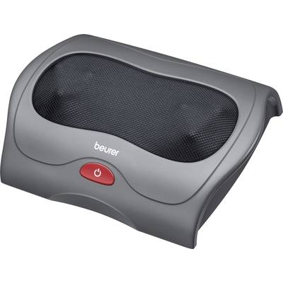 Portable grey foot massager with ventilation grille and red power button. Brand: 'beurer'.