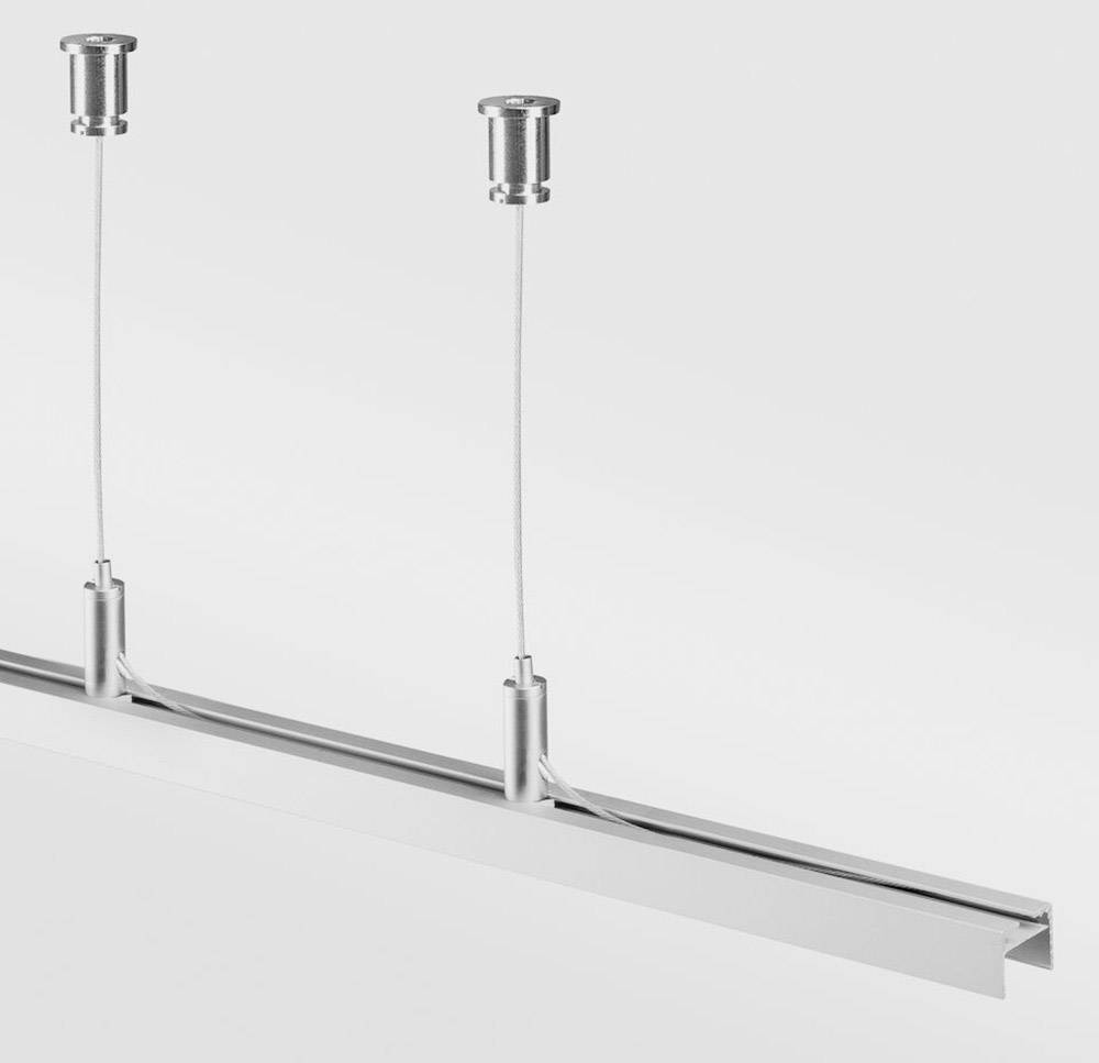 Modern hanging LED light in silver, suspended from two cables. Suitable for contemporary interior lighting.