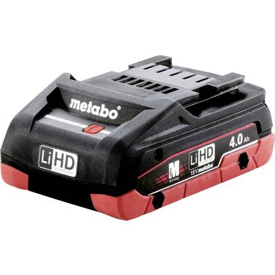 A Metabo battery with 18V and 4.0 Ah, black with red elements, LiHD technology, suitable for cordless tools.